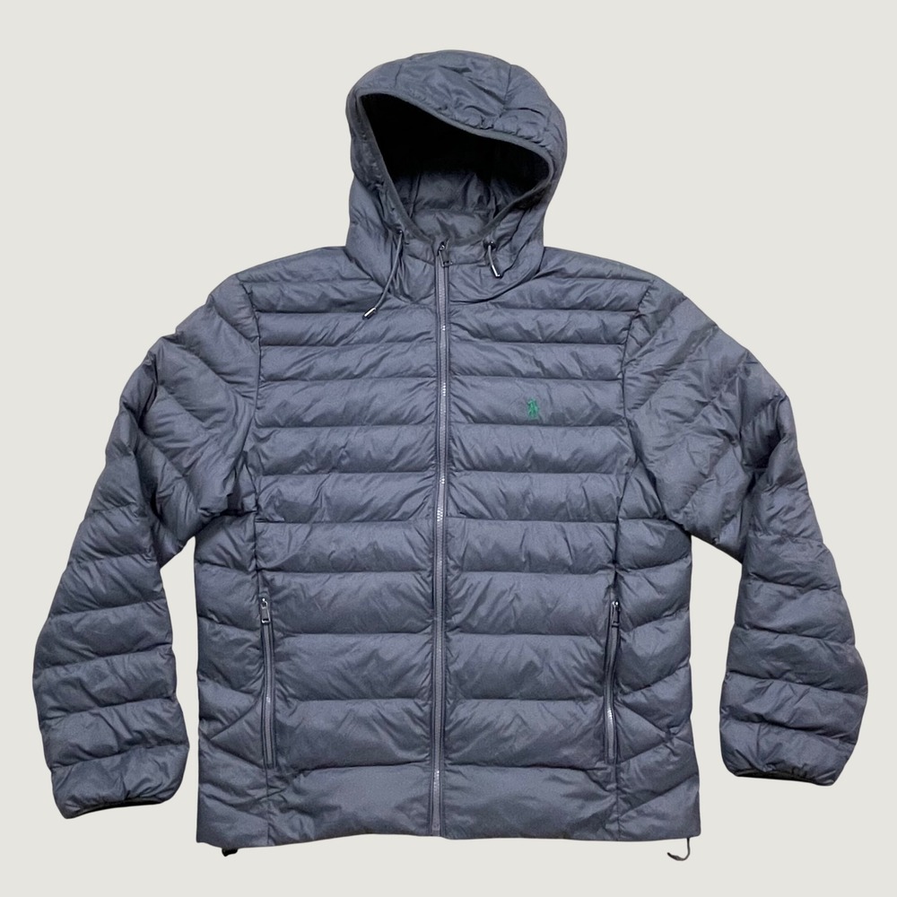 Polo Ralph Lauren Colden Packable Down Puffer Jacket Mens M Gray Hooded Grn Pony